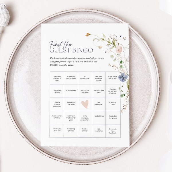 Find the Guest Bingo, Bridal Shower Games, Wildflower Bridal Shower Games, Spring Floral Bridal Shower Games Template, Editable in Canva