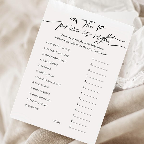 Juego para baby shower "El precio es justo": Juego de costo de artículos para bebé, juegos imprimibles para bebé, editables en Canva