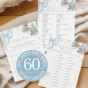 May include: A bundle of baby shower games and tickets. The set includes a Baby Bingo card, Baby Trivia, and Baby Around The World cards. The cards have a light blue bow and winter tree design. The bundle includes 60 editable templates.