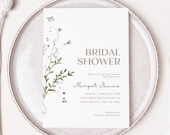 Bridal Shower Invitation Template, Minimalist Wildflower Bridal Shower Invite, Spring Florals Shower Download, Bridal Brunch, Editable