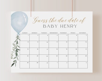 Guess Baby Due Date Calendar Sign, Blue Balloon Guess Birthday Baby Shower Game, It's a Boy Due Date Game Template, Editable in Canva