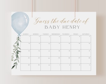 Guess Baby Due Date Calendar Sign, Blue Balloon Guess Birthday Baby Shower Game, It's a Boy Due Date Game Template, Editable in Canva