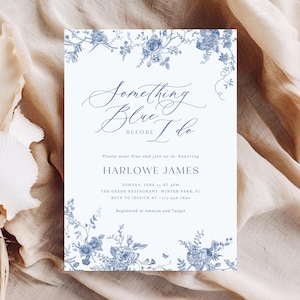 Dusty Blue Bridal Shower Invitation Template: Vintage Floral Toile, Chinoiserie (Editable in Canva)