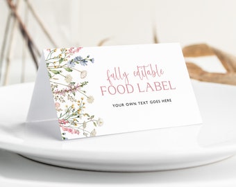 Wildflower Food Labels Template,Pink Wildflower Buffet Card, Shower Food Label Tent Card, Florals Food Card, Shower Decor, Editable, 003