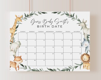 Guess Baby Due Date Calendar Sign, Safari Guess Birthday Baby Shower Game, Jungle Animal Baby Birthday Game Template, Editable in Canva