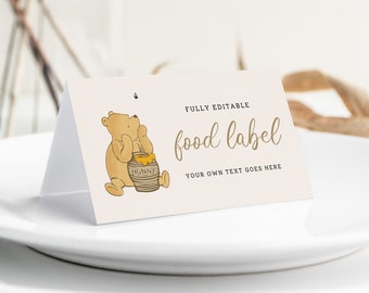 Winnie the Pooh Food Labels Template, Classic Pooh Buffet Card, Bear Honey Food Card, Beige Buffet Card, Bridal Baby Shower, Edit in Canva