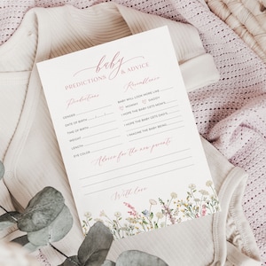 Voorspellingskaarten baby, voorspellingsspel wilde bloemen baby, bloemen babyshowerspel, roze babyvoorspelling en advies, bewerkbaar, PDA-JQGI