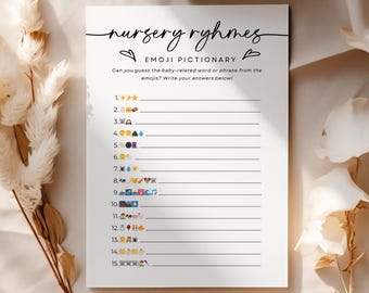 Emoji Pictionary Baby Shower Game: Nursery Rhymes Emoji Game Template, Neutral Baby Shower Activities (Editable in Canva)