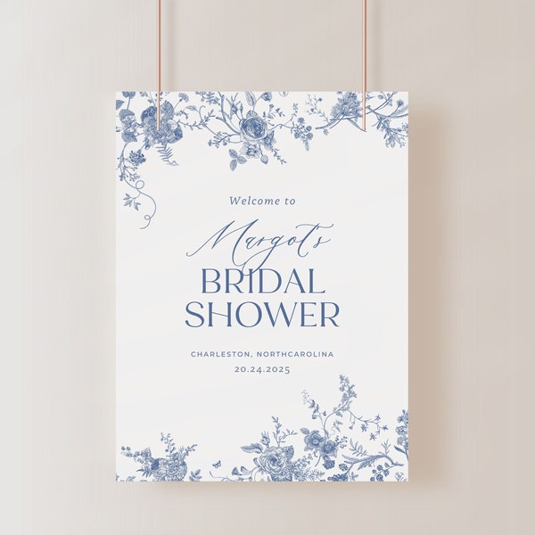 Panneau de bienvenue floral vintage pour la douche nuptiale, plaque de bienvenue bleu poussiéreux nuptiale, plaque de bienvenue pour la douche victorienne, plaque de bienvenue pour mariage, modifiable
