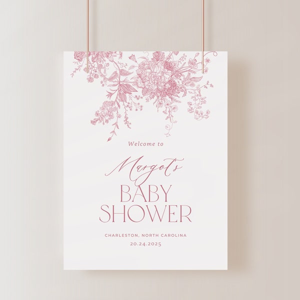 Baby Shower Welcome Sign, Dusty Pink Baby Shower Welcome Sign, Vintage Floral Baby, Shower Chinoiserie, Instant Download, Editable