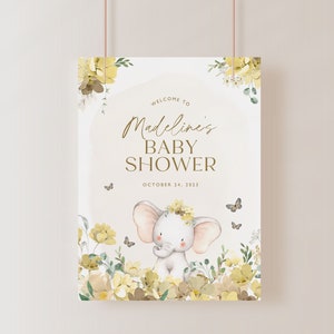 Letrero de bienvenida para baby shower, letrero de bienvenida con elefante amarillo, letrero de bienvenida con flores para baby shower, letrero de elefante para baby shower, editable