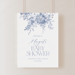 Baby-Dusche Willkommensschild, Dusty Blue-Baby-Dusche Willkommensschild, Vintage Blumen Baby, Dusche Chinoiserie, Instant Download, bearbeitbar, PDA002