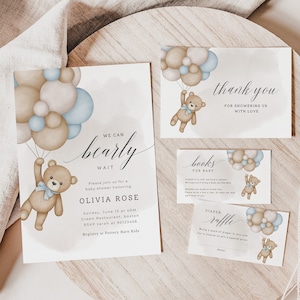 Set di modelli per inviti baby shower a tema orso, invito per baby shower "We Can Bearly Wait", palloncini orso blu, invito per baby shower "We Can Bearly Wait", modifica in Canva, PDA-JJSK