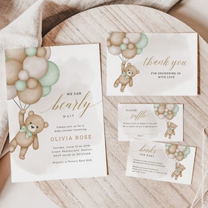 Bear Baby Shower Invitation Template: Green & Gold (Editable in Canva)