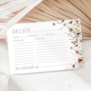 Modelo de cartão de receita de flores silvestres, cartão de receita para impressão, modelo de receita floral boho, cartão de receita de outono, 4x6", editável no Canva, PDA-QHBO