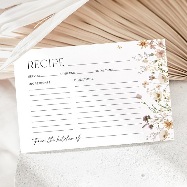 Wildflower Recipe Card Template, Printable Recipe Card, Floral Recipe Template, Spring Recipe Card, 4x6", Editable in Canva, 002