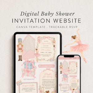 May include: A digital baby shower invitation website Canva template displayed on a tablet and smartphone. The design features a nutcracker, a ballerina, gift boxes, and text including A Little Sugar Plum, Gift Registry, and Diaper Raffle.