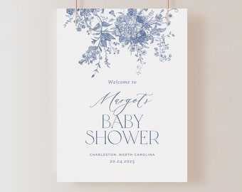 Baby Shower Welcome Sign, Dusty Blue Baby Shower Welcome Sign, Vintage Floral Baby, Shower Chinoiserie, Instant Download, Editable