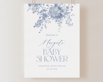 Dusty Blue Floral Baby Shower Welcome Sign (Editable, Instant Download)