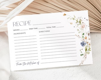 Wildflower Recipe Card Template, Printable Recipe Card, Floral Recipe Template, Spring Recipe Card, 4x6", Editable in Canva