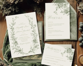 Sage Green Floral Wedding Invitation Suite: Vintage French Roses, Chinoiserie Toile, (Editable in Canva)