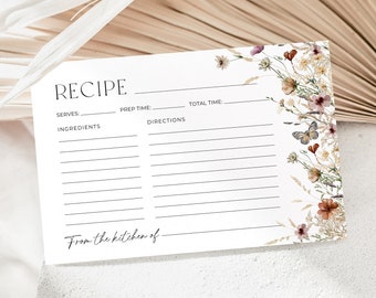 Wildflower Recipe Card Template, Printable Recipe Card, Boho Floral Recipe Template, Fall Recipe Card, 4x6", Editable in Canva