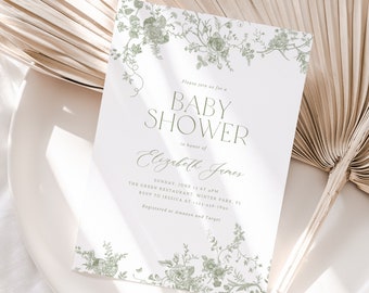 Dusty Green Baby Shower Invitation Template, Vintage Floral Baby Invitation, Chinoiserie Victorian Baby Shower Invite, Editable