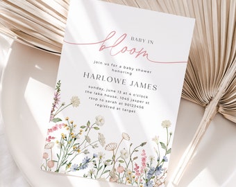 Modèle d'Invitation de bébé en fleurs de fleurs sauvages, faire-part de baby shower de printemps, invitation de douche de fleurs roses imprimable, modifiable, 003