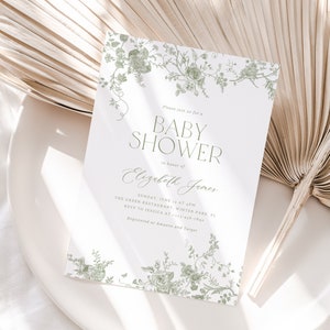 Dusty Green Baby Shower Invitation Template, Vintage Floral Baby Invitation, Chinoiserie Victorian Baby Shower Invite, Editable, PDA-IBOP
