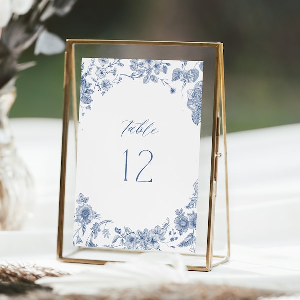 Dusty Blue Table Numbers Template, Wedding Table Numbers, Vintage Floral Table Numbers, Printable Table Number Wedding, Editable in Canva