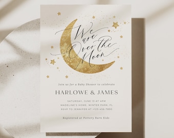 We're Over the Moon Baby Shower Invitation, Twinkle Twinkle Little Star Baby Shower Invite, Moon and Back Printable Baby Invitation, 018