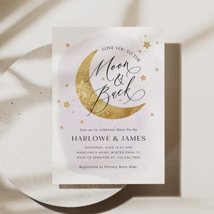 Moon Stars Baby Shower Invitation, Moon and Back, Purple Gold Moon Invitation, Twinkle Little Star Baby, Printable Baby Invitation, PD-NWB