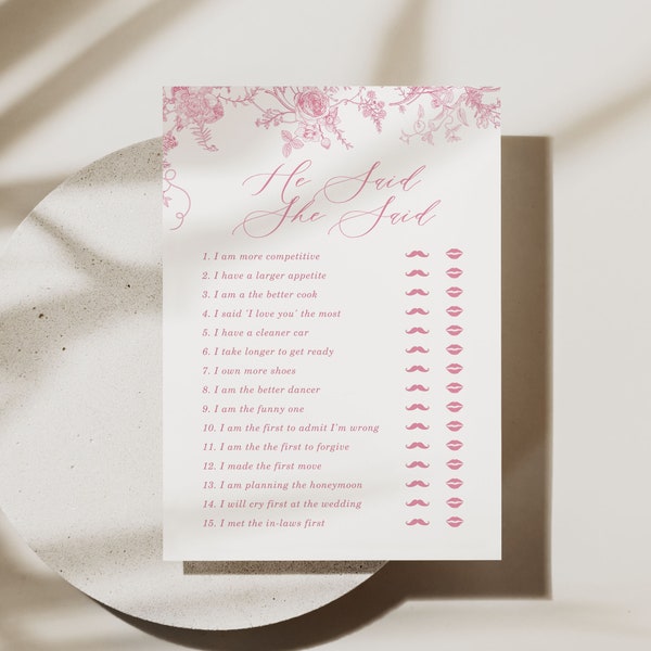 He Said She Said Bridal Shower Games, Pink Vintage Floral Bridal Shower Games, Dusty Pink Bridal Shower Games Template, Editable in Canva