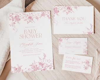 Set vintage bloemen babyshoweruitnodiging: bewerkbare sjabloon chinoiserie