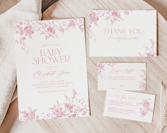 Dusty Pink Baby Shower Invitation Set Template, Vintage Floral Baby Invitation Bundle, Chinoiserie Victorian Baby Shower Invite, Editable