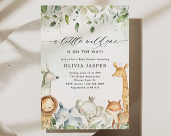 Invitación editable de safari para baby shower: Animales de la selva (Plantilla digital)