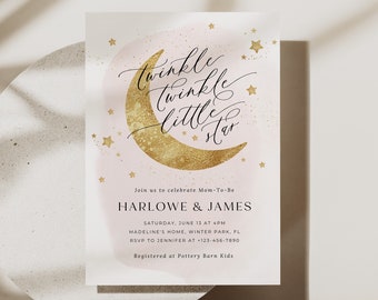 May include: Pink and gold baby shower invitation with a crescent moon and stars. The text reads "Twinkle Twinkle Little Star" and includes the names "Harlowe & James".