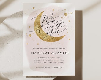 We're Over the Moon Baby Shower Invitation, Blush Gold Moon Star Baby Shower Invite, Twinkle Little Stars Printable Girl Baby, 019