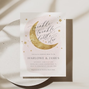 Pink Gold Twinkle Twinkle Little Stars Baby Shower Invitation, Star Moon Baby Shower Invite, Over the Moon Printable, Editable, PD-NWB