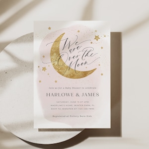 We&#39;re Over the Moon Baby Shower Invitation, Blush Gold Moon Star Baby Shower Invite, Twinkle Stars Printable Girl Baby, Editable, PD-NWB