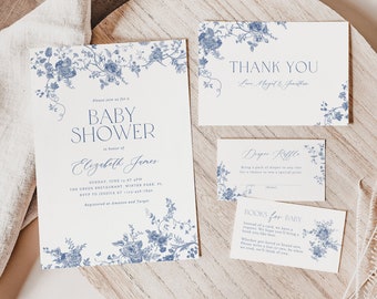 Dusty Blue Baby Shower Invitation Set Template, Vintage Floral Baby Invitation Bundle, Chinoiserie Victorian Baby Shower Invite, Editable