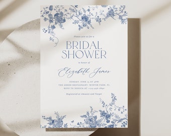 Vintage Floral Bridal Shower Invitation Template, Dusty Blue Bridal Invitation, Printable Invitation, Something Blue Bridal Invitation