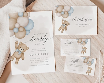 Blue Bear Baby Shower Invitation Set: Editable Canva Template