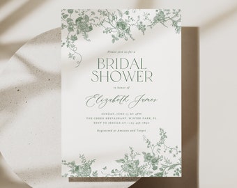 Vintage Floral Bridal Shower Invitation Template, Dark Green Bridal Invitation, Green Forest Shower Invite, Victorian French Rose Bridal