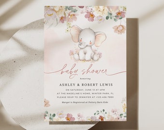 Elephant Baby Shower Invitation, Blush Pink Floral Baby Elephant Invite, Elephant Invitation, Girl Shower Invitation, Editable, 004