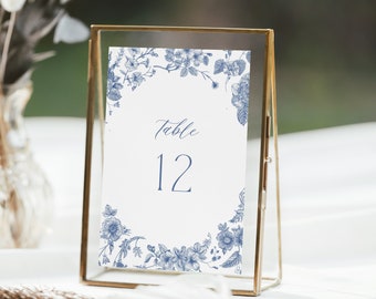 Dusty Blue Table Numbers Template, Wedding Table Numbers, Vintage Floral Table Numbers, Printable Table Number Wedding, Editable in Canva