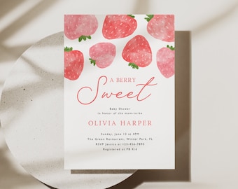 Strawberry Baby Shower Invitation Template, Berry Sweet Baby on the Way Invite, Girl Berry Sweet Invitation, Printable Invite, Editable