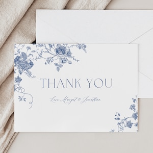 Dusty Blue Thank You Card, Vintage Floral Wedding Thank You Template, Victorian Thank You Card, Printable Calligraphy Wedding, Editable image 1