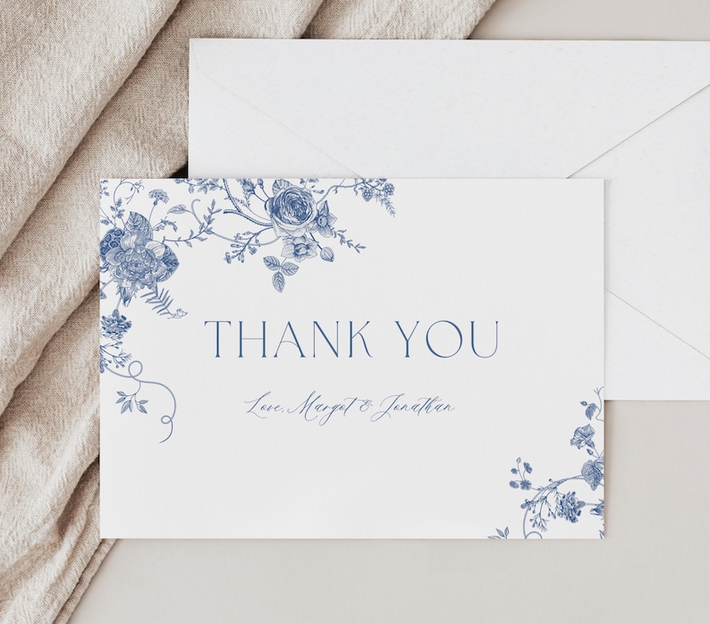 Dusty Blue Thank You Card, Vintage Floral Wedding Thank You Template, Victorian Thank You Card, Printable Calligraphy Wedding, Editable image 1