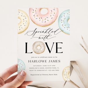 Donuts babyshower uitnodiging, babyshower baby strooi uitnodigen, roze meisje donuts luiers, babyshower snoep strooi, bewerkbaar, PDA-MXKP